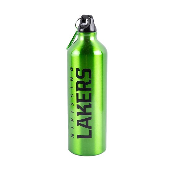 Aluminum water bottle featuring the Nipissing Lakers logo along the side, lime green colour