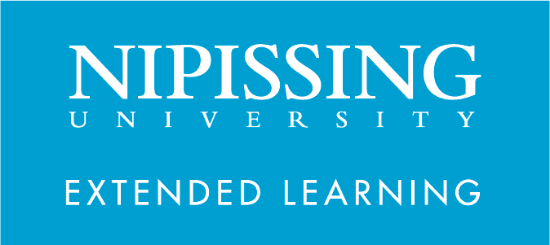 The Nipissing University Extended Learning logo has a blue background with white text.