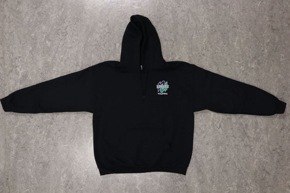 A black hoodie sweater with the Nipissing University Lakers Volleyball logo on the left side of the chest